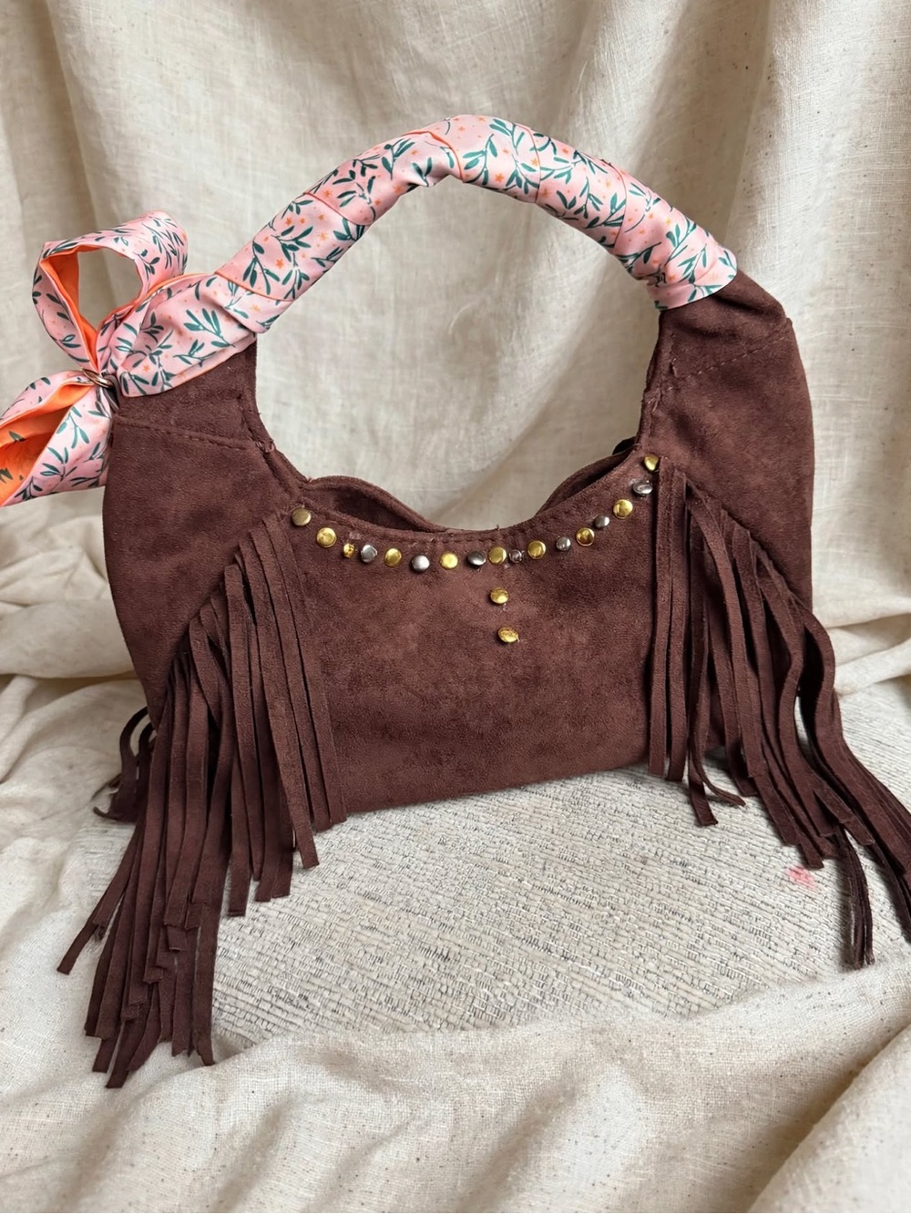 Universal Thread Chocolate Brown Suede Fringe Shoulder Bag with Gold Studs